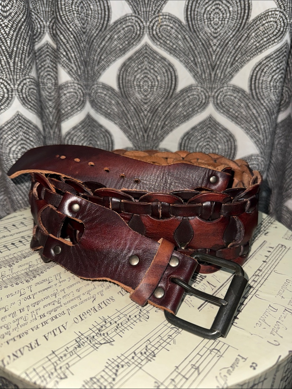 Vintage Dark Brown Woven Leather Statement Waist Belt Boho Retro